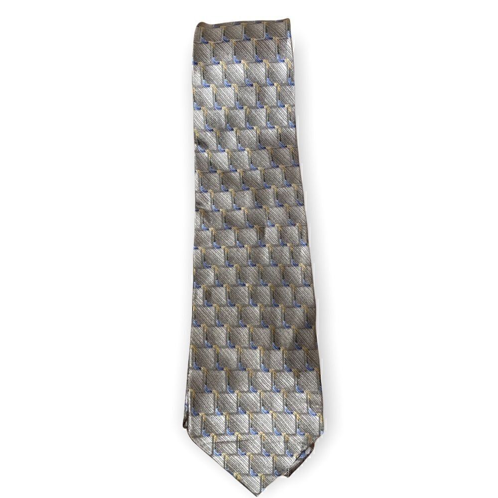 Van Heusen 100% silk gold blue yellow block pattern tie has a sheen